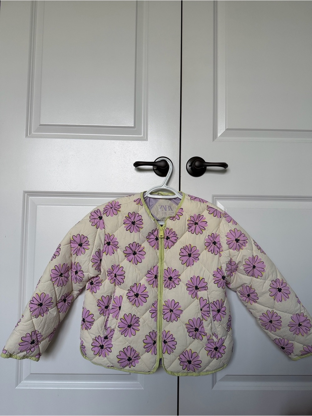 Zara Kids Cream Quilted Jacket with Purple Floral Print